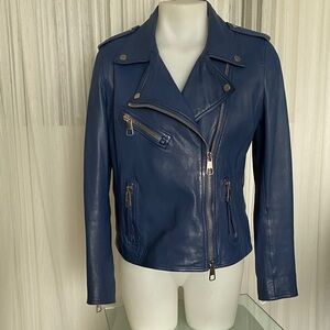 Hugo Boss Women's Deep Cornflower Blue Lamb Skin Leather Moto Bike Jacket Size 8